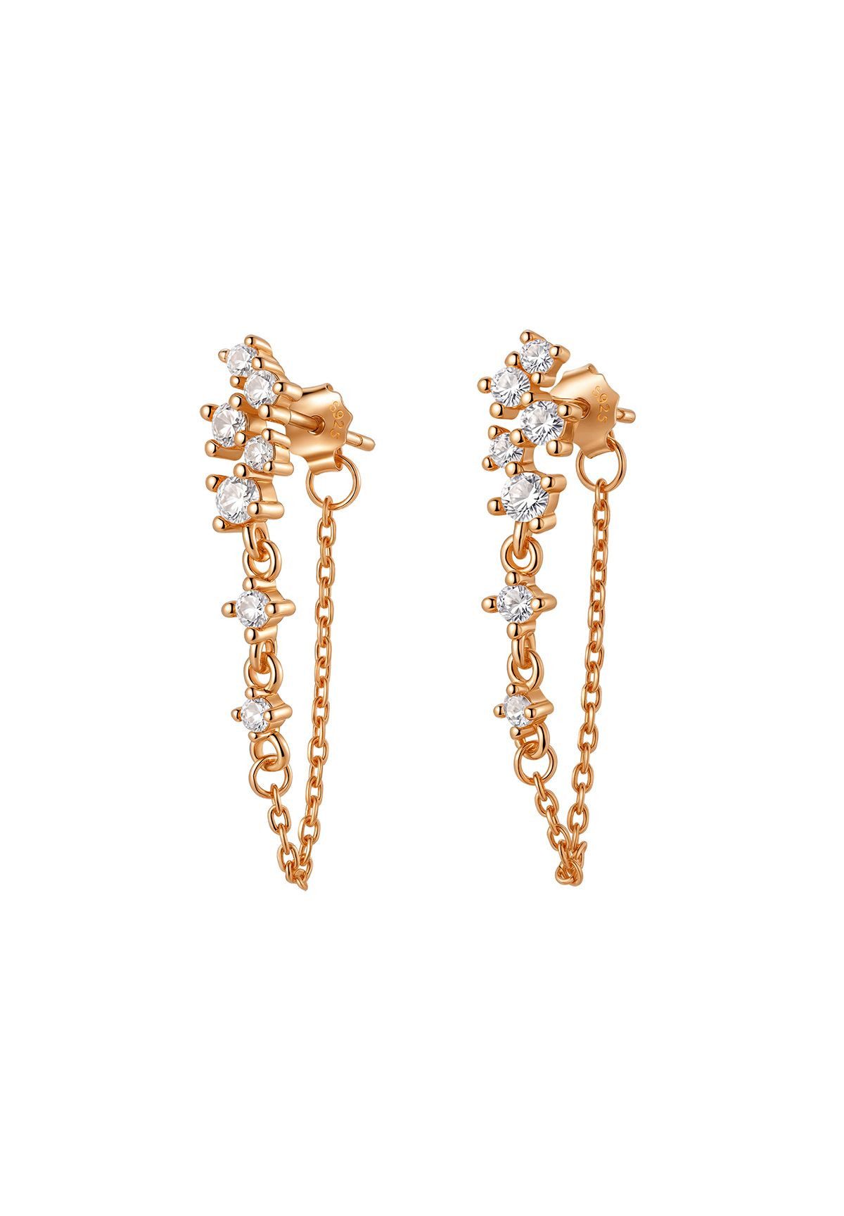 Hey Happiness Paar Ohrhänger Damen Ohrringe mit Zirkonia und Kette, Edle Kettenohrringe aus 925 Silber, vergoldet / rosévergoldet