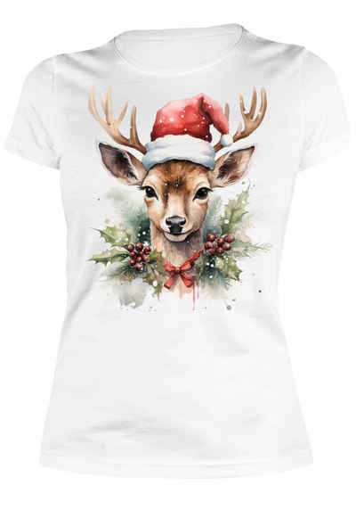 Art & Detail Shirt T-Shirt Weihnachten Design Reh mit Weihnachtsmütze für Damen Geschenk, Weihnachten, Reh