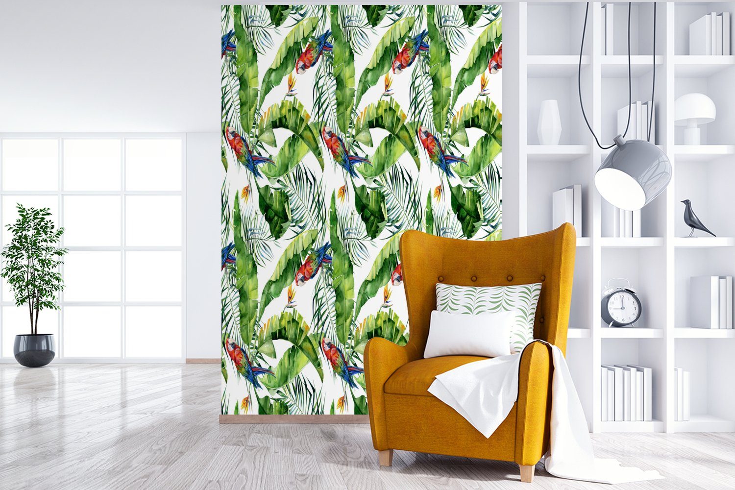 Wandtapete Tapete Papagei, (3 für Matt, - Wohnzimmer, bedruckt, Montagefertig Vinyl St), Paradiesvogelpflanze Blumen - MuchoWow Fototapete