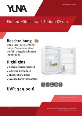 YUNA Einbaukühlschrank YUNA FEDORA, 87 cm hoch, 54 cm breit, Nutzinhalt gesamt 118 L, regelbares Thermostat, mit Schleppscharniere