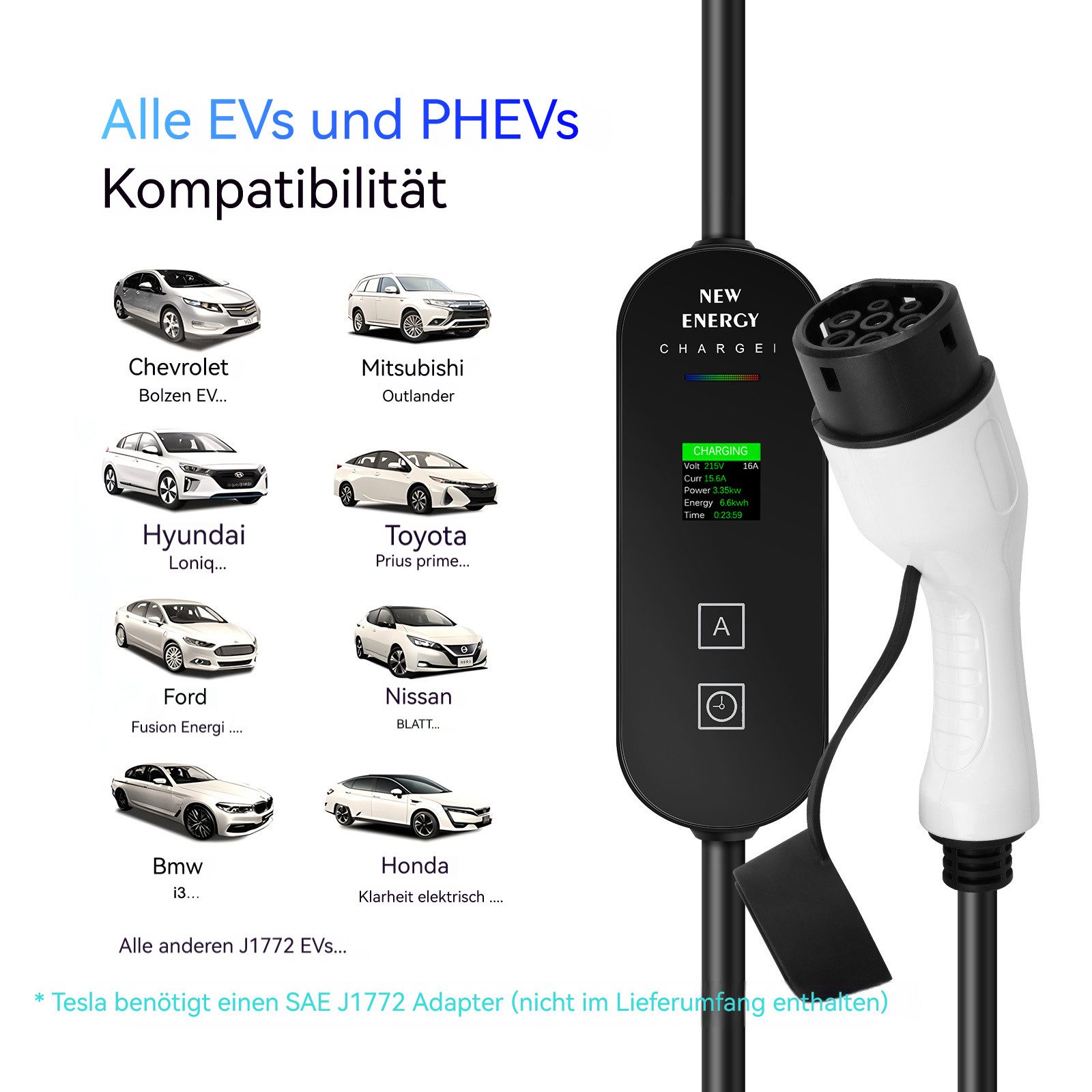 Hikity Tragbare Autoladepistole mit Bildschirm Autoladekabel, Europäische Standard-Stromversorgungen, IP66 Wasserdicht