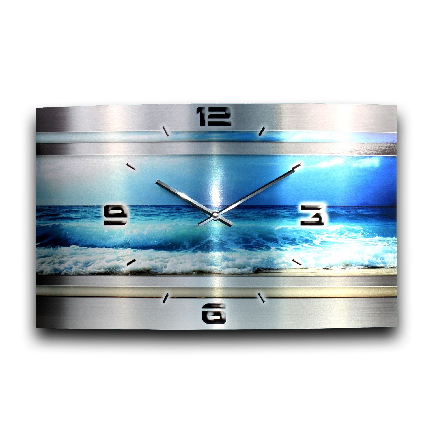 Kreative Feder Funkwanduhr 3D Design-Wanduhr „Blue Ocean“ aus gebürstetem Aluminium (3D-Wölbung; flüsterleises Funkuhrwerk; außergewöhnlich, modern)