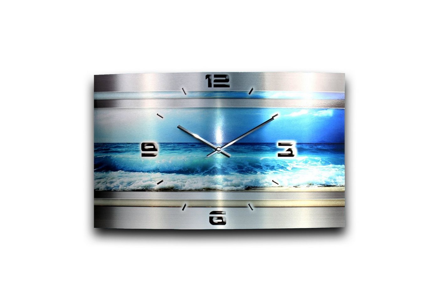 Kreative Feder Funkwanduhr 3D Design-Wanduhr „Blue Ocean“ aus gebürstetem Aluminium (3D-Wölbung, flüsterleises Funkuhrwerk, außergewöhnlich, modern)