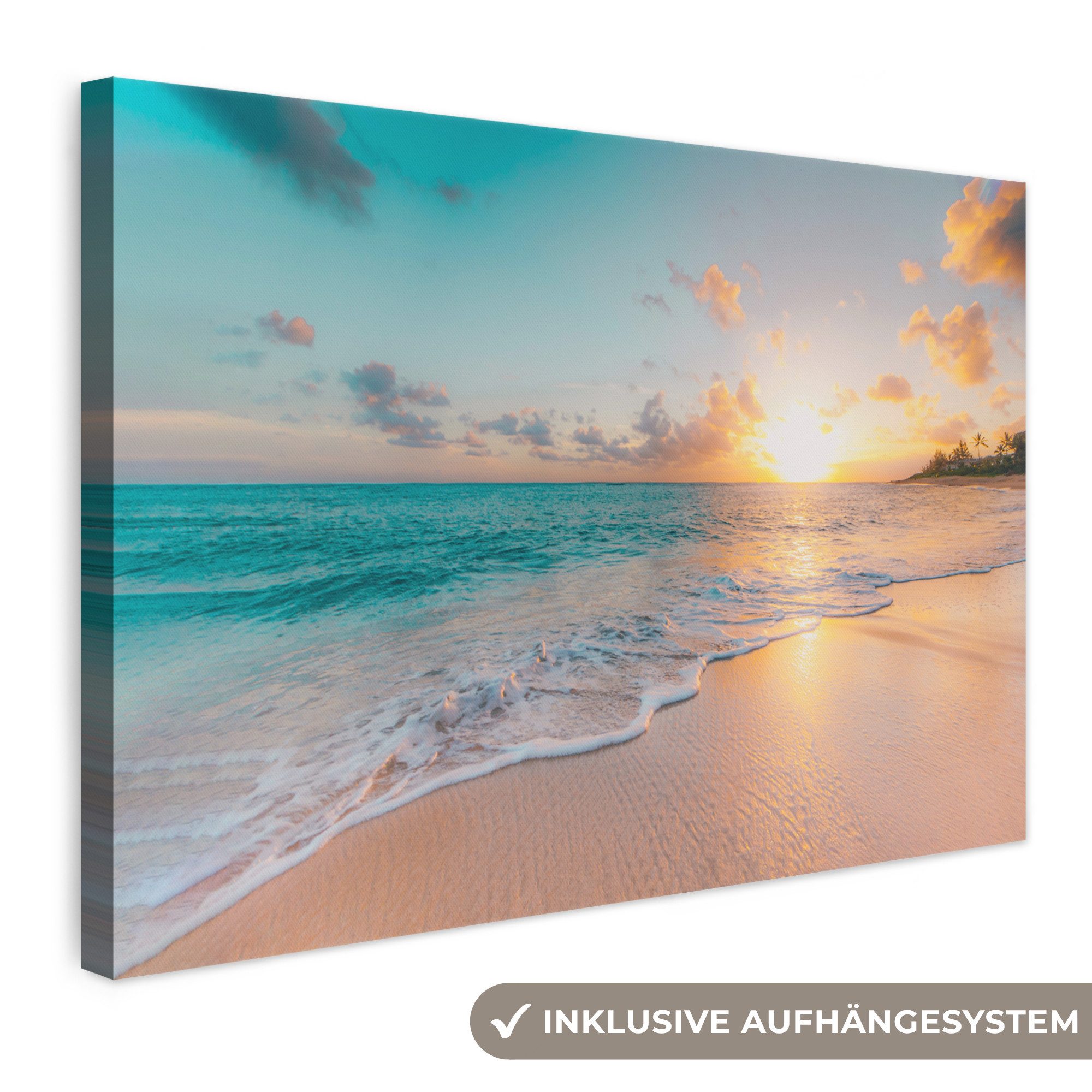 OneMillionCanvasses® Leinwandbild Sonnenuntergang - Strand - Meer - Sommer - Blau, Fotodruck (1 St), Leinwand Bilder Klein, Wand Dekoration Aesthetic 30x20 cm
