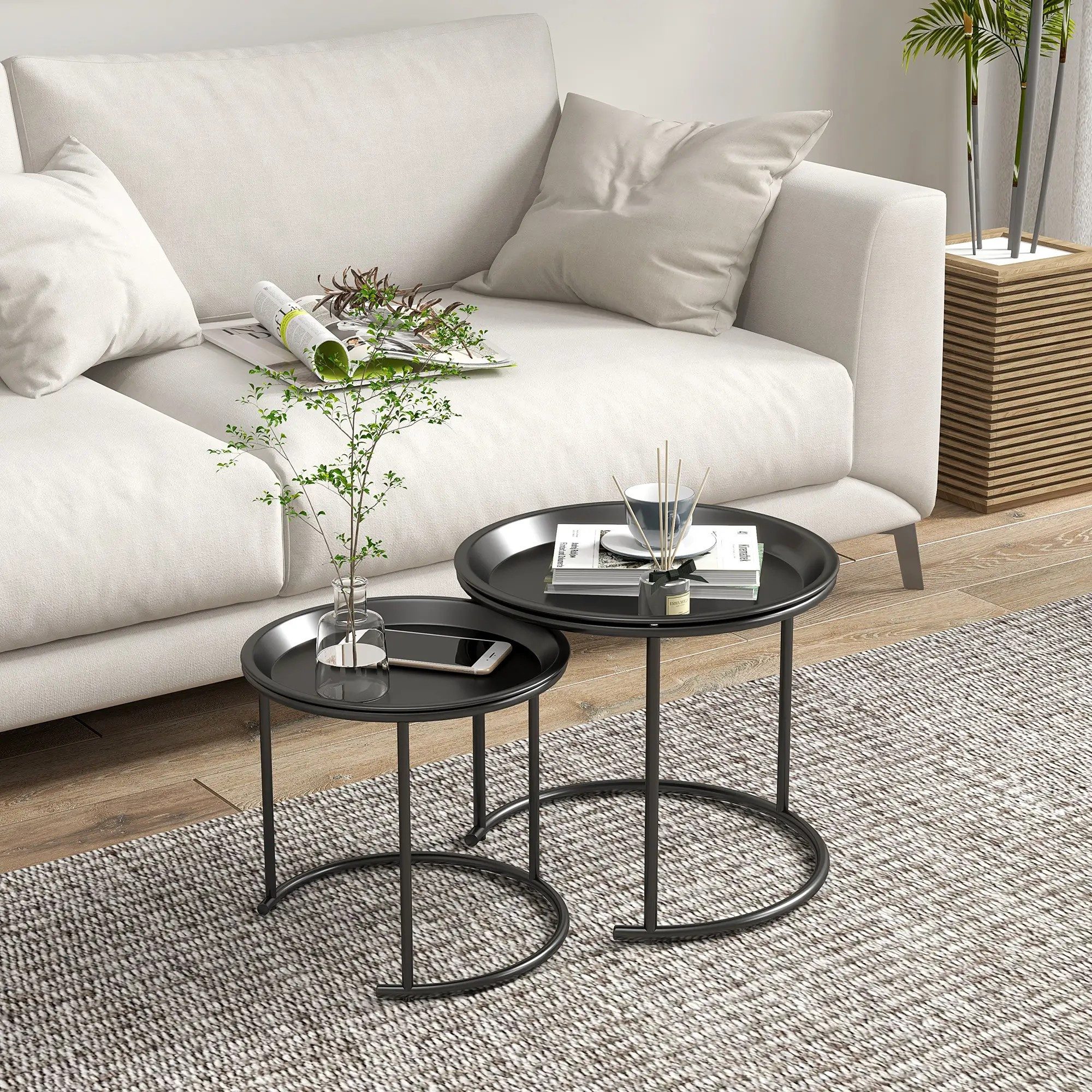 BlingBin Beistelltisch Couchtisch 2er Set stapelbar Kaffeetisch mit abnehmbaren Tischplatten (2er Set, 2-St., großer Tisch und kleiner Tisch), Satztisch mit Metallgestell für Wohnzimmer, Schwarz