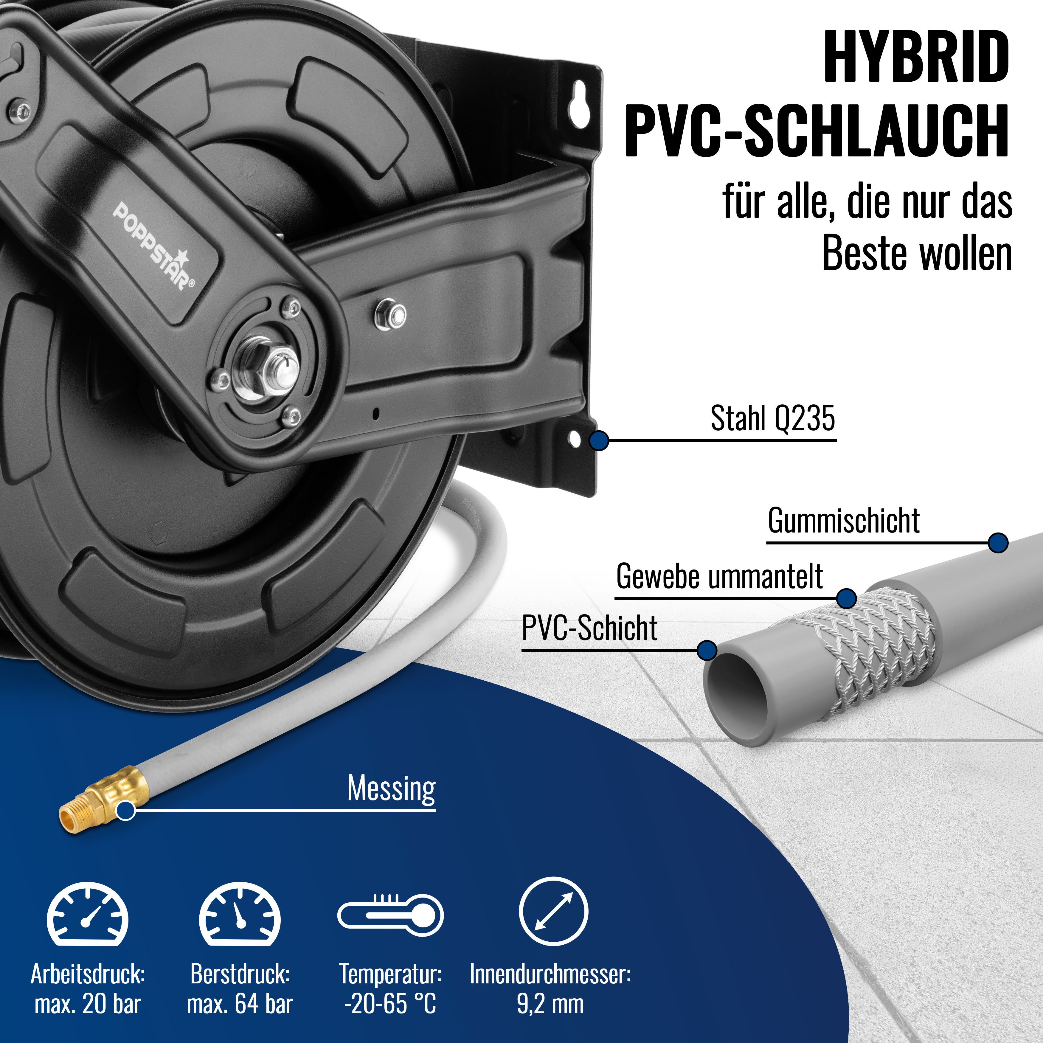 Poppstar Schlauchtrommel, (Premium Druckluft Schlauchaufroller aus Stahl), Automatik Druckluft Schlauchtrommel aus Stahl, 15m Druckluftschlauch