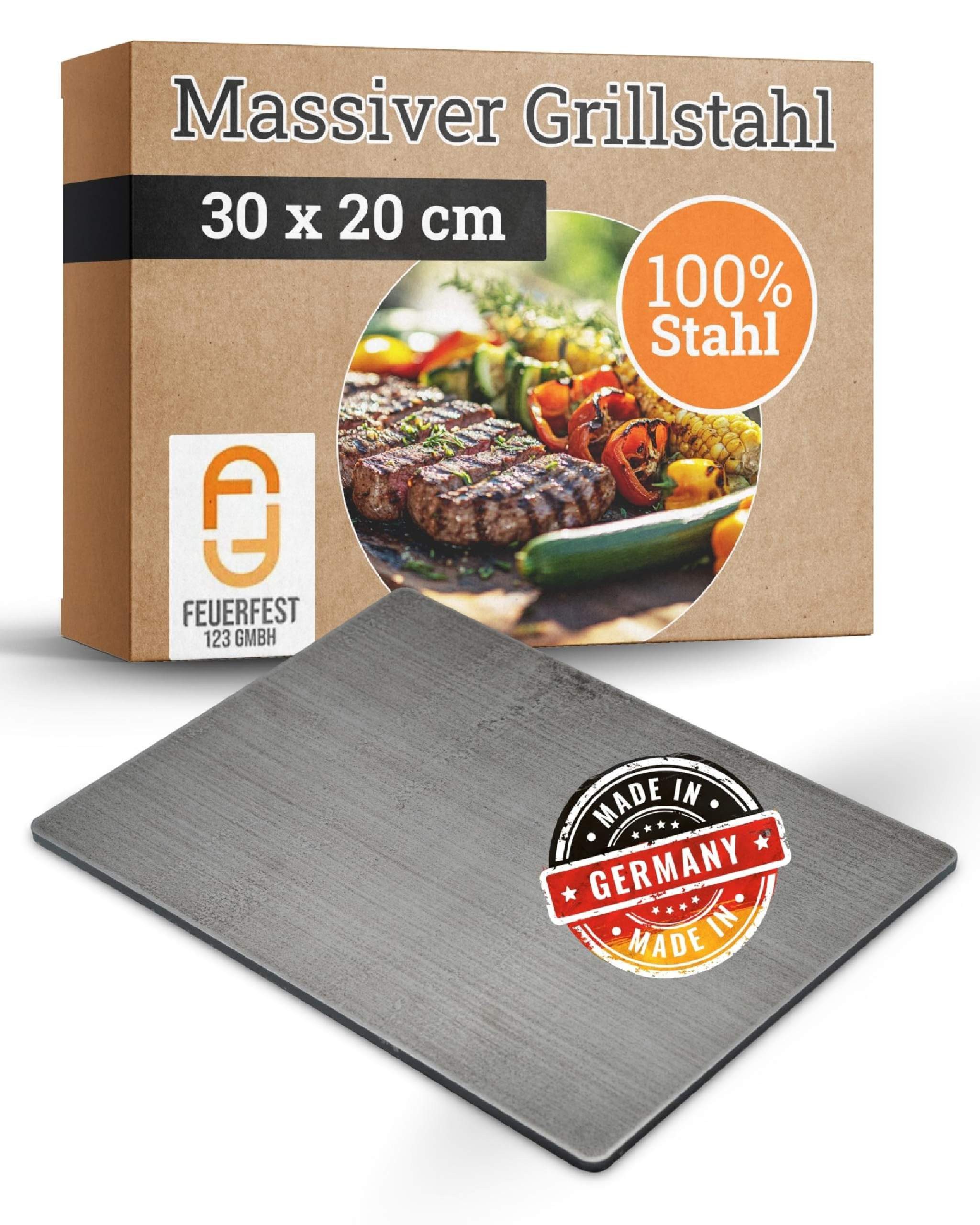 Feuerfest 123 GmbH Grillplatte Massiver Grillstahl 30 x 20 cm (100 % - Made in Germany] Massiver Grillstahl 8 mm), Besondere Wärmeleitfähigkeit für scharfes Anbraten auf dem Grill