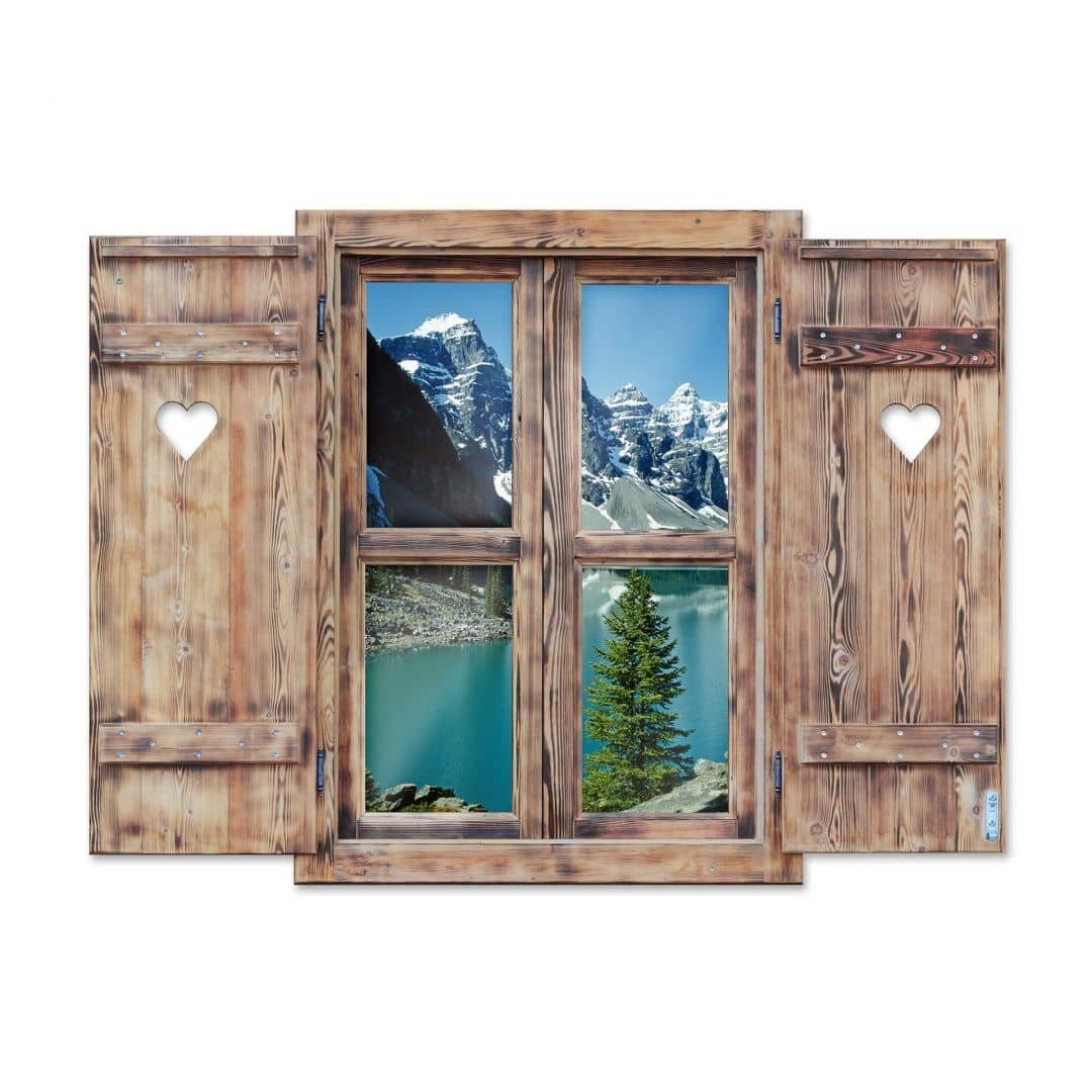 Wall Aufkleber selbstklebend K&L Bergsee Berg, Idylle Holz Vintage im Wandtattoo Optik Holzfenster Wandbild Wandtattoo See 3D Herz Art
