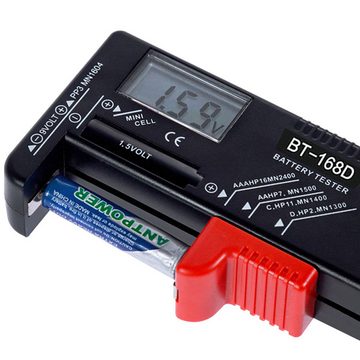 Retoo Batterietester Batterietester Universal 1,5V 9V AA A Batterie Akku Mignon Tester, (Universal Batterietester, Hochwertige Batterie und wiederaufladbarer Batteriezähler), LCD-Anzeige, Kompakte Größe, Kompatibel mit 1,5V- und 9V-Batterien