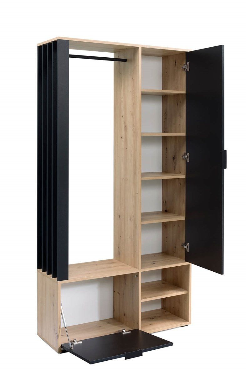 Speicherkapazität, eiche/schwarz und Spiegel, mit Artisan stil Kleiderstange Lamellen, Compleo Loft große Garderoben-Set DECO,