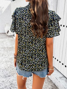 BlauWave Druckbluse Elegantes bedrucktes Top mit Blumenbesatz für Damen (1-tlg., Geeignet für den Strand) V-Ausschnitt Kurzarm-Sommer-Shirt