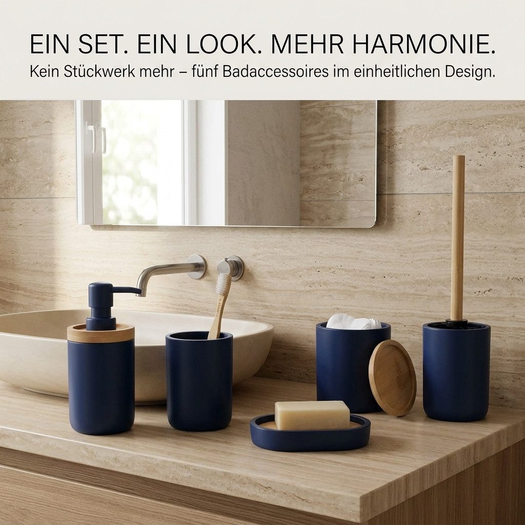 TENDANCE Badaccessoire-Set 5 teilig Zahnputzbecher Seifenspender Seifenschale WC Bürste Wattedose – Bild 2 von 5