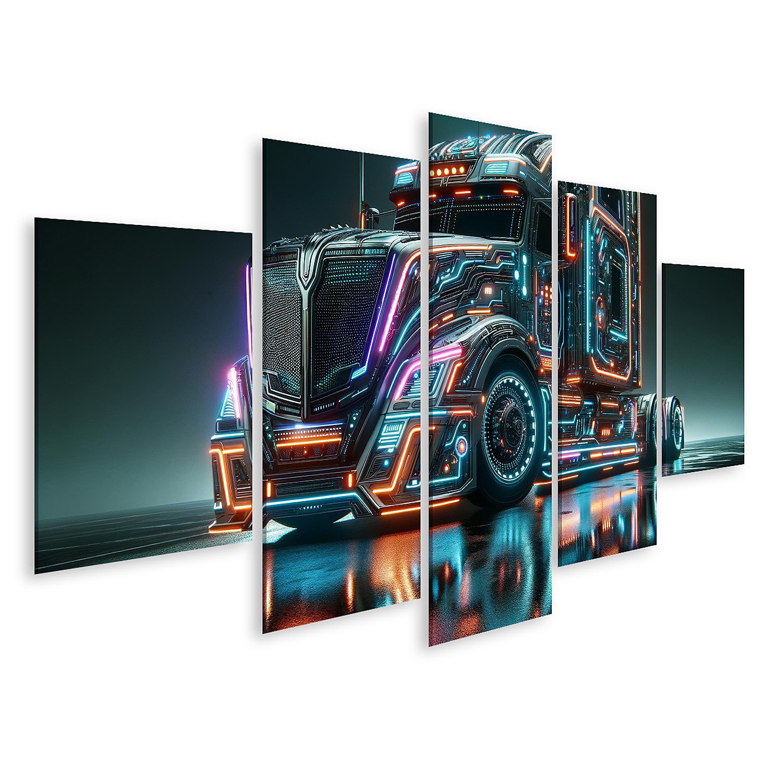 Leinwandbild Futuristischer Semi-Truck LKW mit Neonlichtern bei Nacht