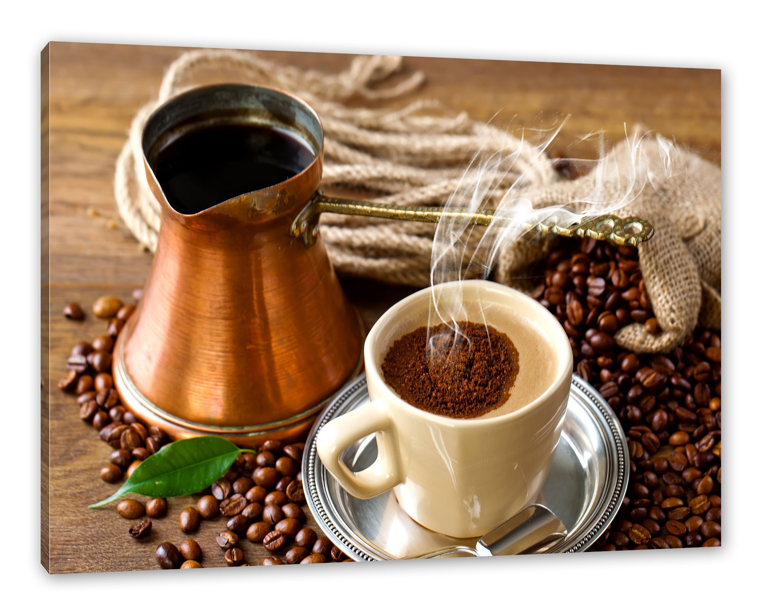 Pixxprint Leinwandbild Frisch Kaffee mit Kaffeebohnen, günstig online kaufen