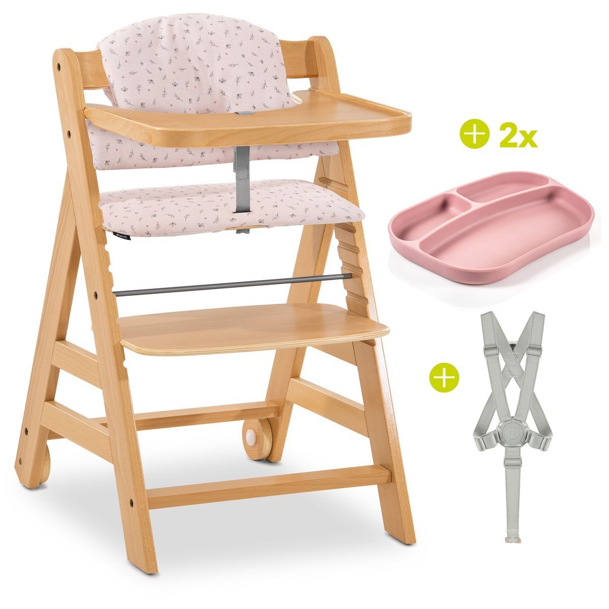 Hauck Hochstuhl Alpha Move - Natur, Holz Babystuhl ab 6 Monaten mit Rollen, Essbrett, Sitzkissen & Teller