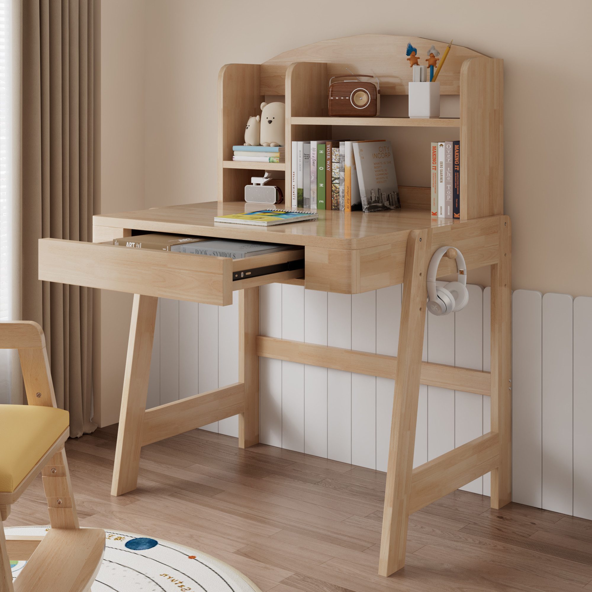 Flieks Kinderschreibtisch Höhenverstellbar, mit Schubladen & Bücherregal & Haken (B88/T60/H108-118 cm, 1-St., 1 Tsich), Multifunktionaler Schreibtisch aus Massivholz Naturfarben, ab 6 Jahren