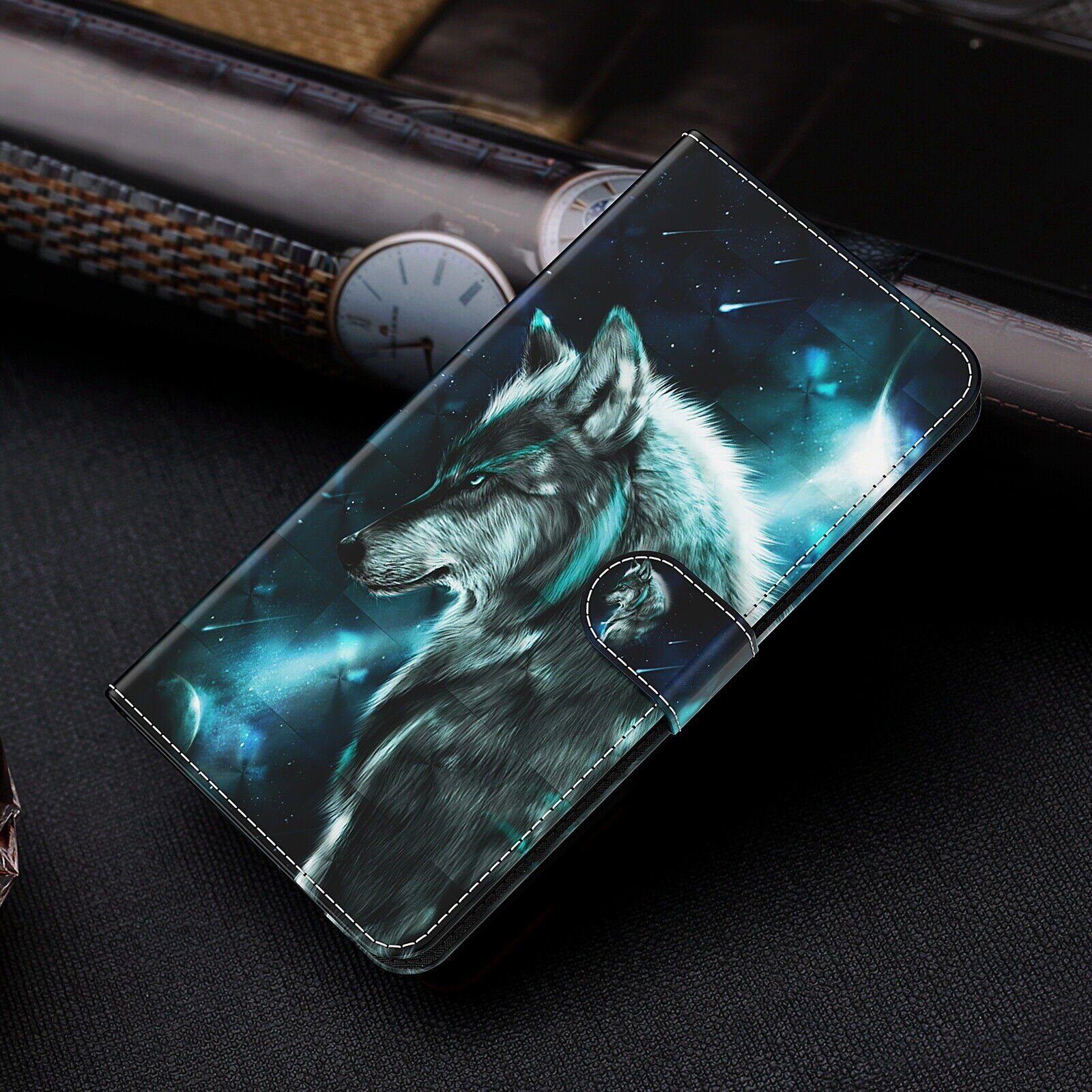 CLM-Tech Handytasche für Samsung Galaxy A57 5G Klapphülle aus PU Leder (Wolf blau schwarz, 1-tlg., Flip Case), Magnetverschluss, Standfunktion und Kartenfächer – Bild 5 von 5