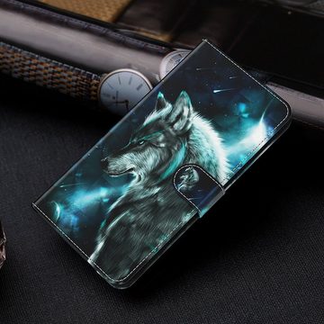 CLM-Tech Handytasche für Samsung Galaxy A35 5G Hülle Tasche aus Kunstleder Klapphülle (Wolf blau schwarz, Handyhülle Wallet Flip Case Cover Etui), Schutzhülle mit Standfunktion, Kartenfächer, und Magnetverschluss