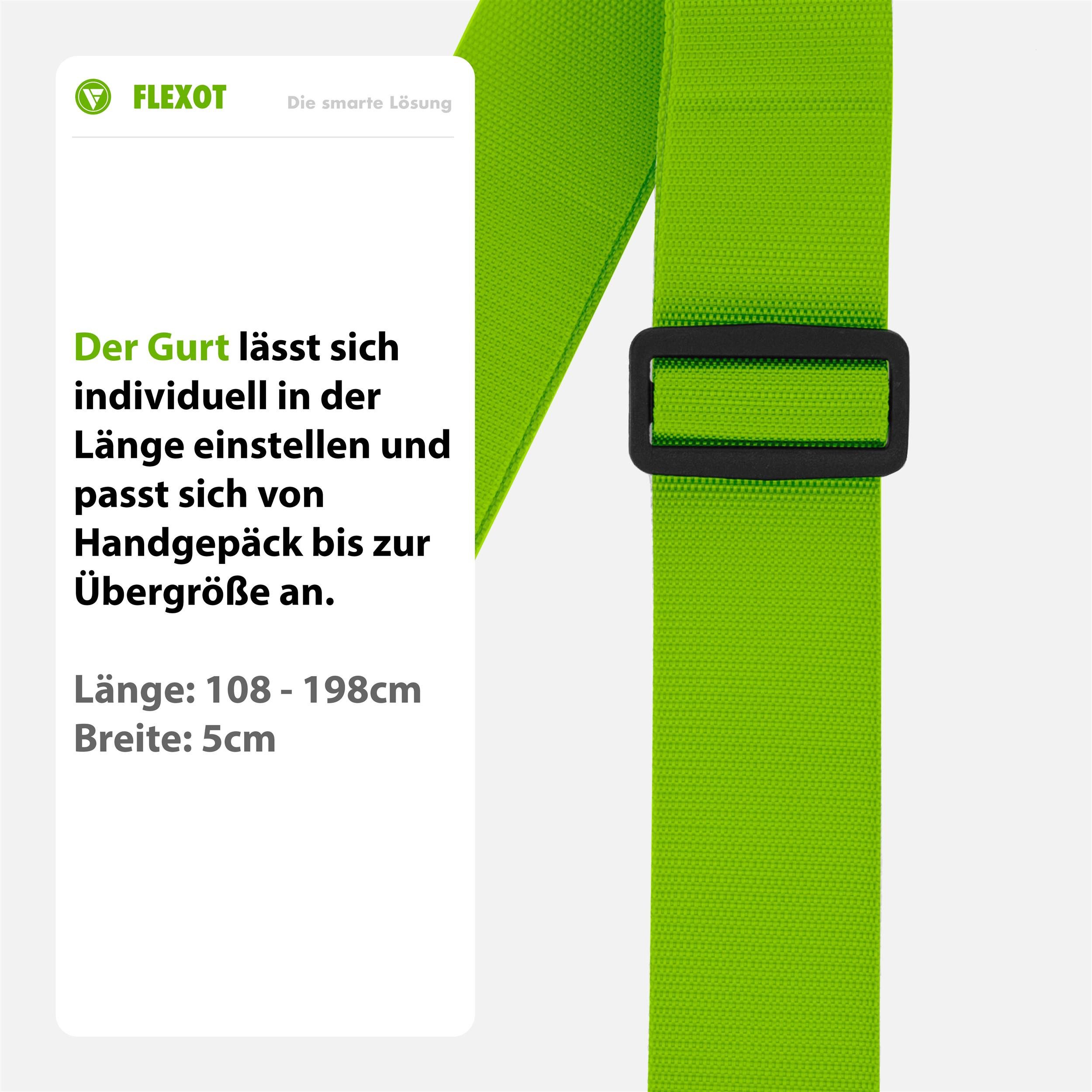 Flexot Koffergurt Koffergurt mit Clip-Schnalle, verstellbare Länge, Namensschild, Flexibel anpassbarer und stabiler Gurt mit praktischer Schnalle
