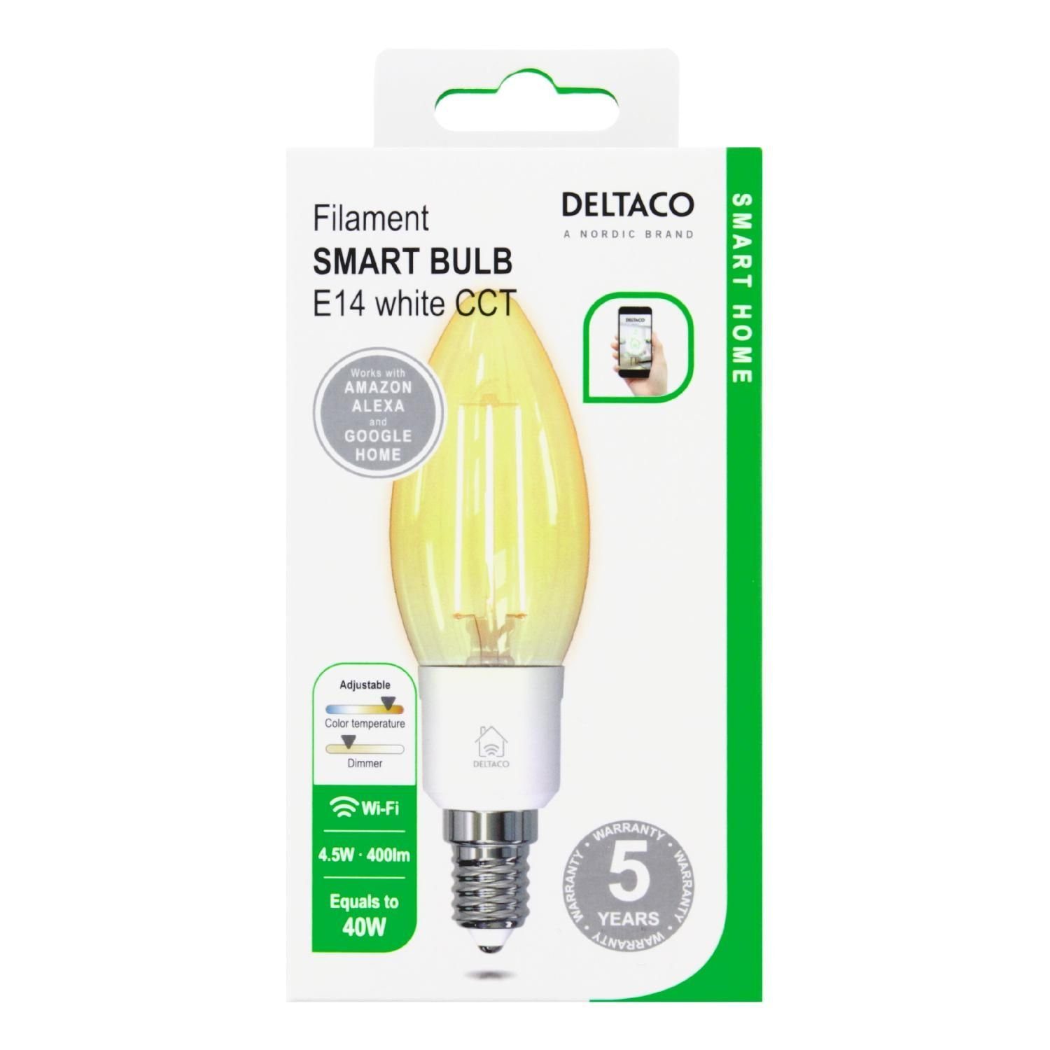 für DELTACO Herstellergarantie E14, LED SMART LED W LED-Leuchtmittel HOME Leistung, Smarte 4,5 inkl. Jahre E14 E14 St., Filamentkerze 1 Sockel 5 Lampe