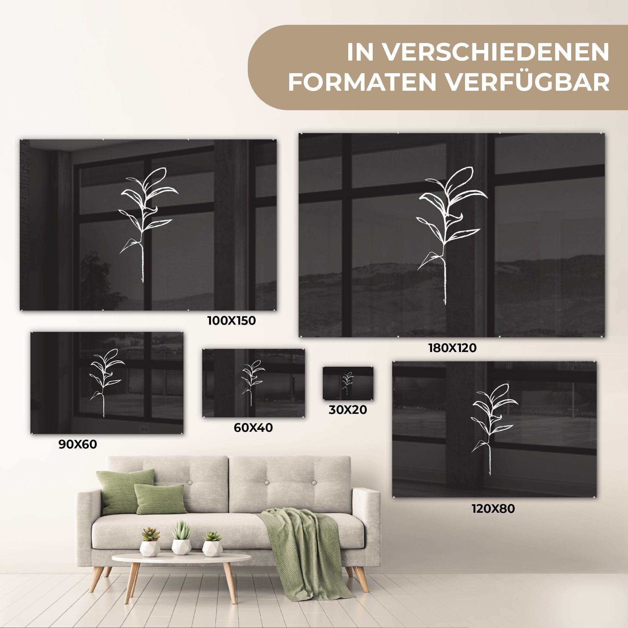 St), Strichzeichnungen & Pflanzen Schlafzimmer Acrylglasbild - (1 Acrylglasbilder Wohnzimmer - Schwarz, MuchoWow