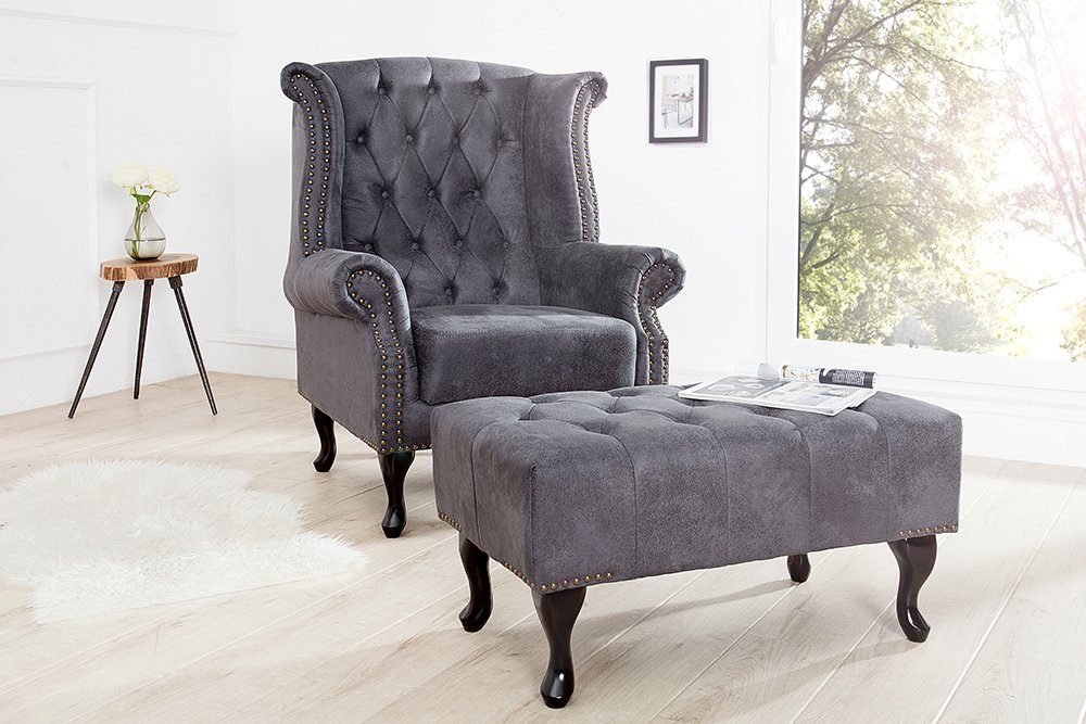 riess-ambiente Ohrensessel CHESTERFIELD 85cm antik grau (Einzelartikel, 1-St), Wohnzimmer · Microfaser · Holz · Relax · Schlafzimmer