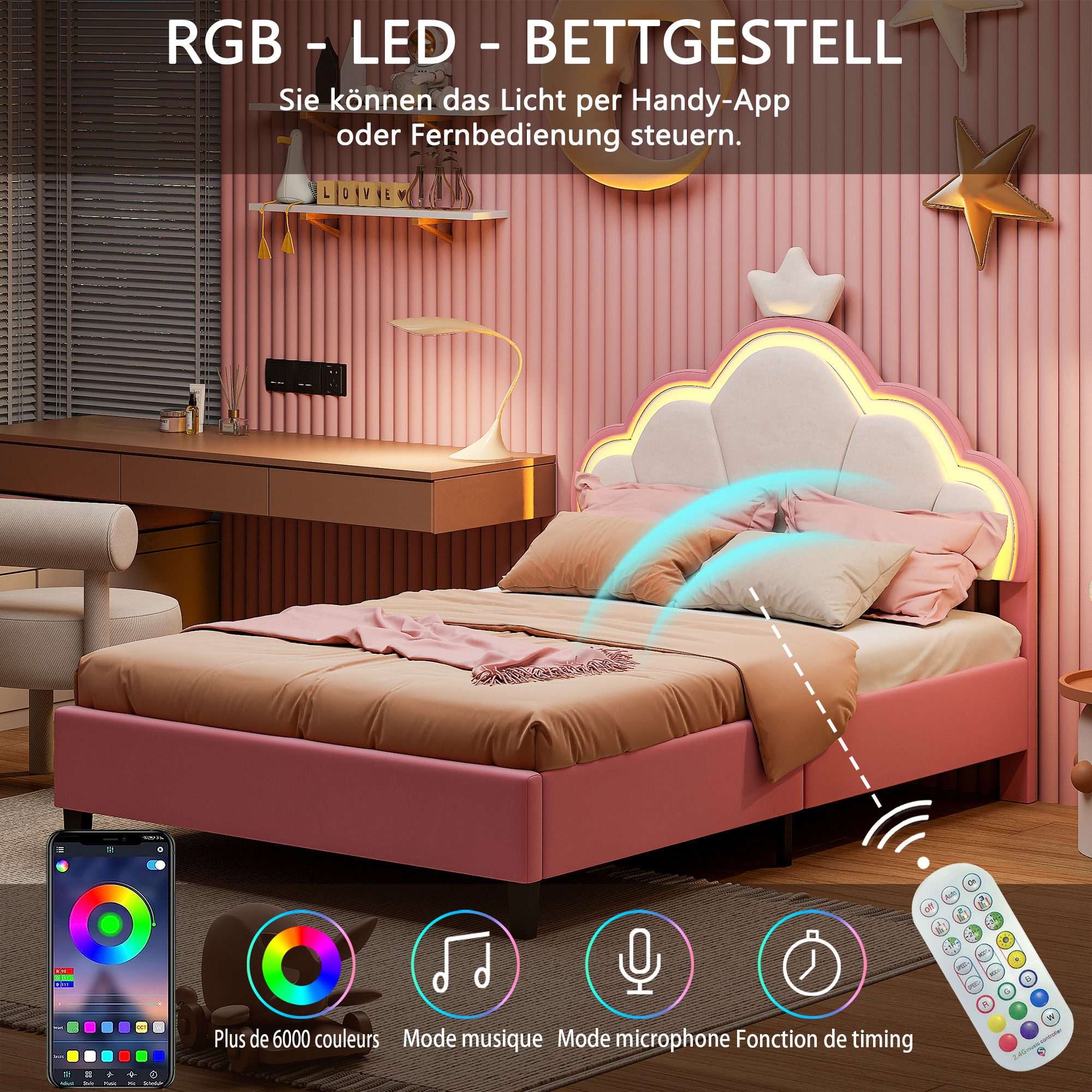 zebery Polsterbett Kinderbett, Kopfteil mit LED-Beleuchtung, Samtstoff (Packung, 1-tlg., Jugendbett), 90x200 cm,Mit Kopfteil und Bettgestell,kronenförmiges Kopfteil,Rosa