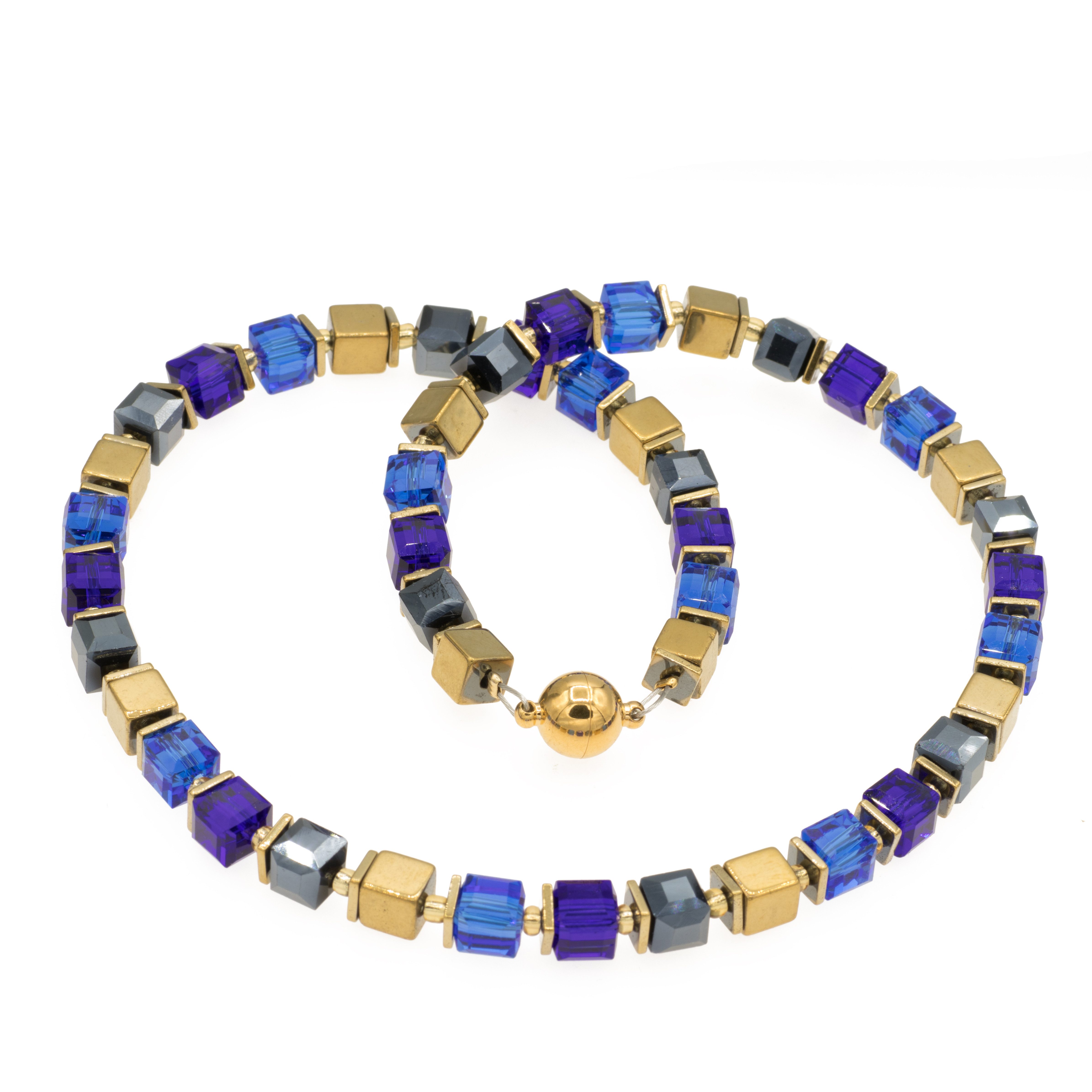 Perlenkette Glaswürfel Perlenkette Kette mit Hämatit blau gold