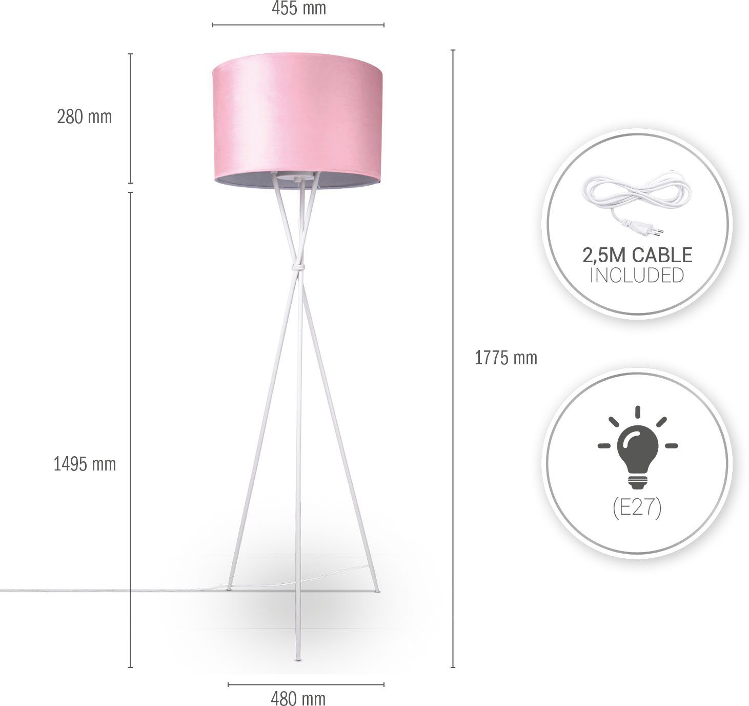 Höhe Home Kate Color, 177,5cm Paco Wohnzimmer pink uni Filigran E27 Stehlampe Dreibein ohne Velour Standleuchte Leuchtmittel,