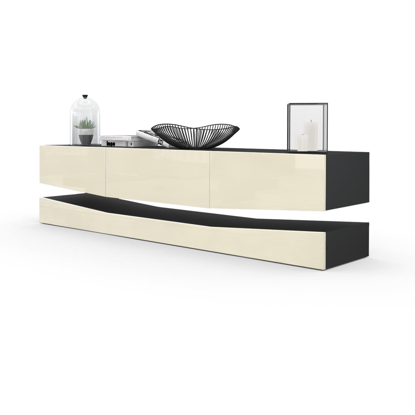 Vladon Lowboard City (TV-Kommode mit Sockelelement, 1 offenem Fach und 3 Schubkästen), Schwarz matt/Creme Hochglanz (178 x variabel x 39 cm)