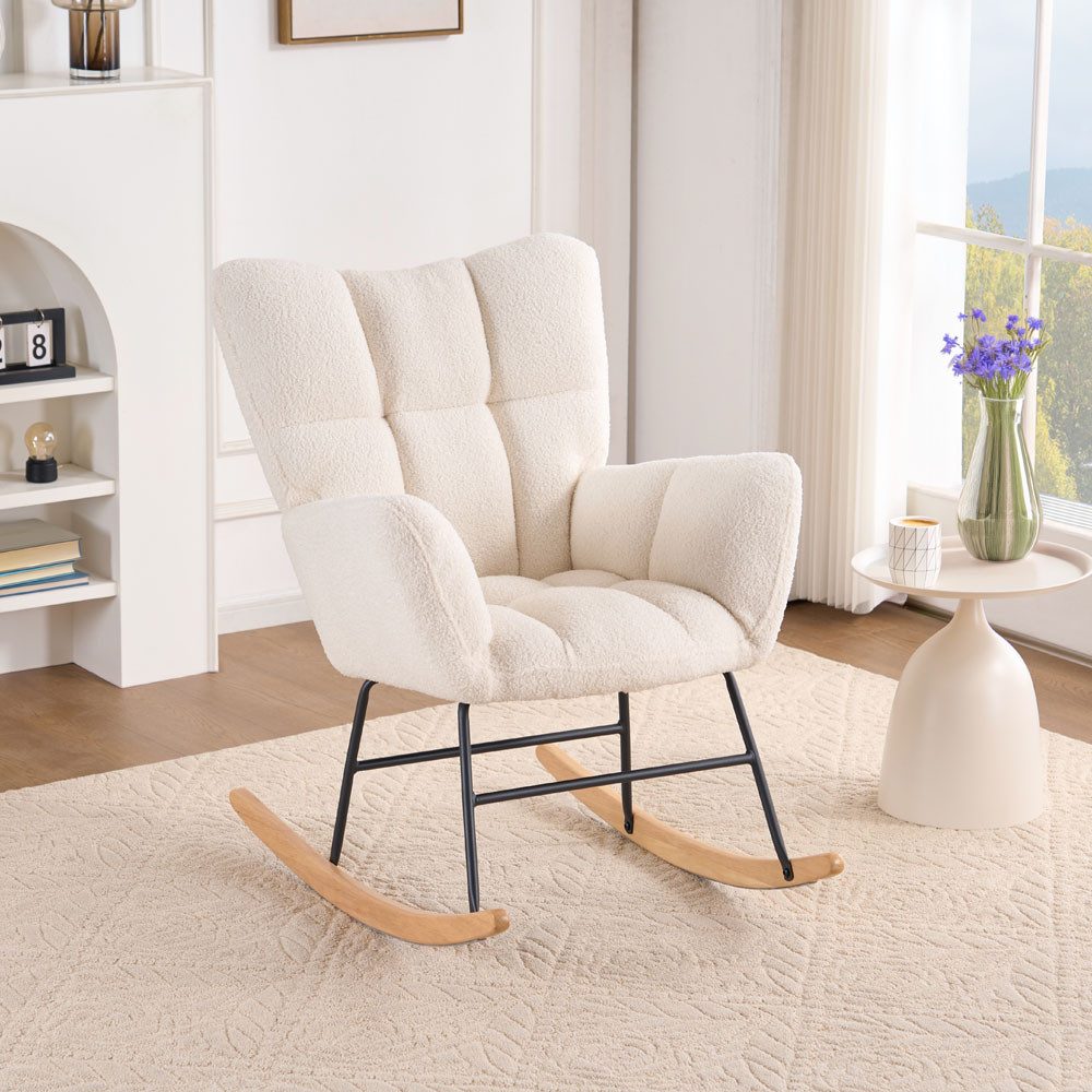 HOME DELUXE Schaukelstuhl NARA inkl. Hocker - Bouclé 68 x 95 x 88 cm, Bouclestuhl, Ohrensessel, Wohnzimmersessel, Boucle