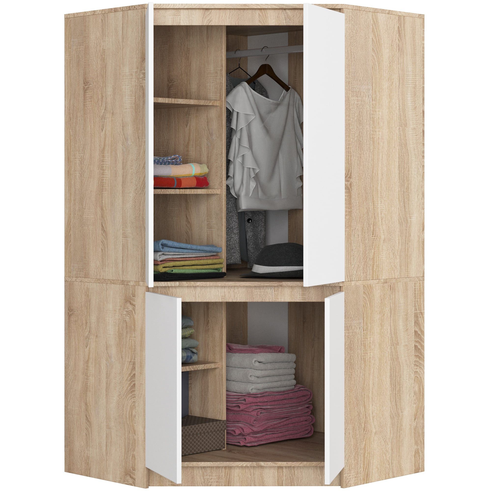Raumhirsch Furniture Kleiderschrank Eleganter Eckkleiderschrank Optimale Stauraumlösung Garderobenschrank Robuster Stauraum, Sonoma-Eiche Weiß, 4 Türen, Soft-Close