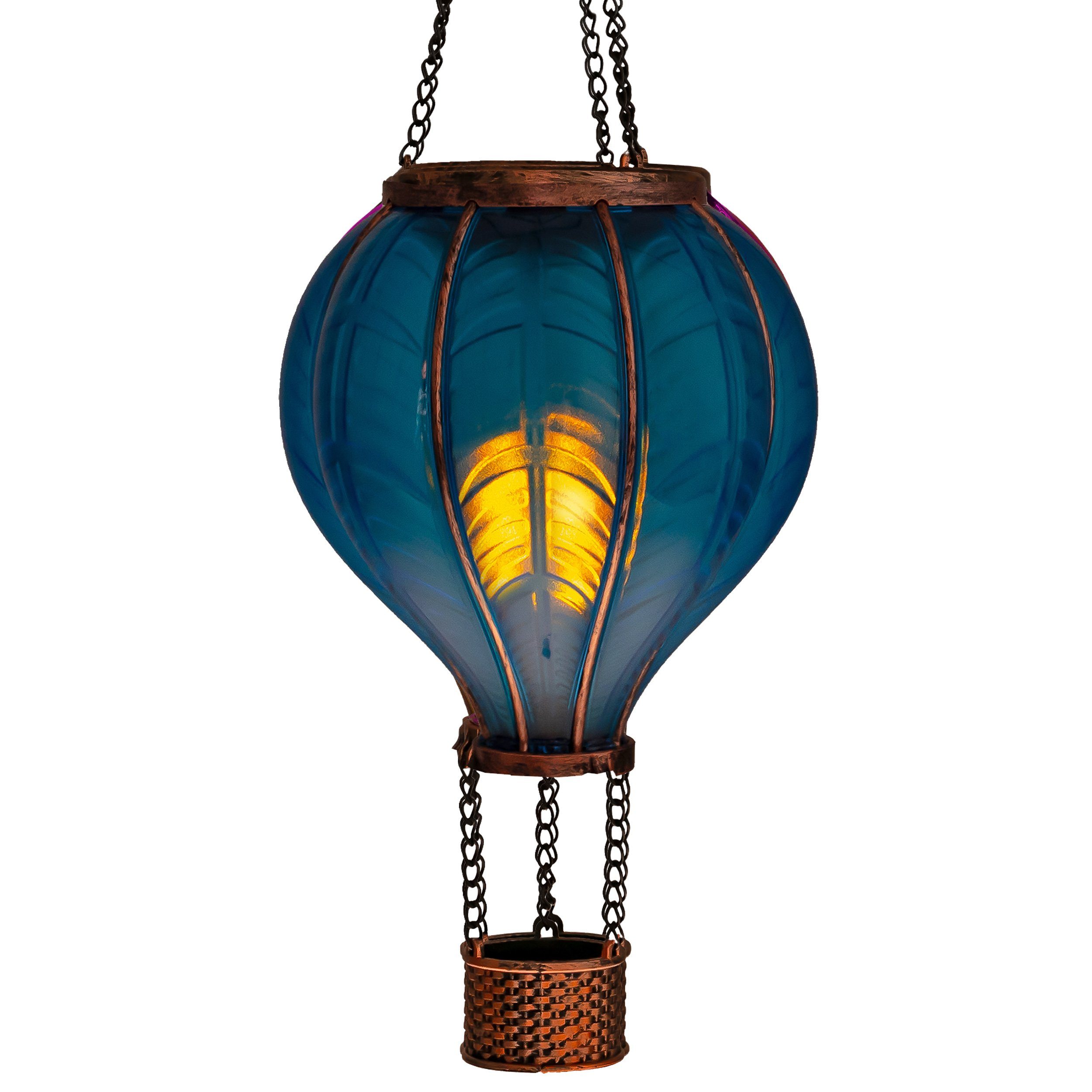 IC Gardenworld LED Solarleuchte LED Solar Heißluftballon mit Flammeneffekt Beleuchtung zum Aufhängen, LED fest integriert, warm-weiß mit Flammeneffekt, 20 warm-weiße Lichter, inkl. Metallkette, Gesamthöhe ca. 40,5 cm blau