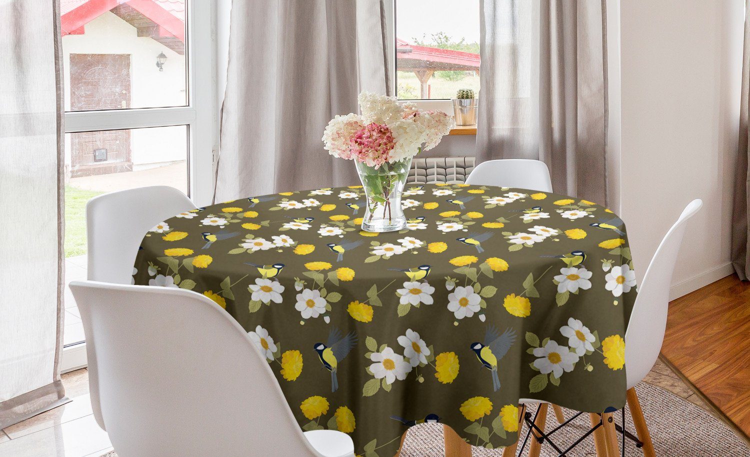 Abakuhaus Tischdecke Kreis Tischdecke Abdeckung für Esszimmer Küche Dekoration, Gelber Vogel Blumen und Avian