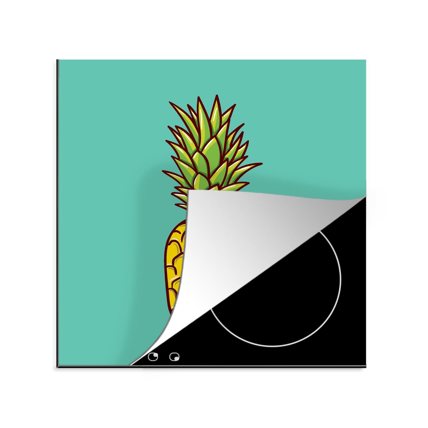 MuchoWow Herdblende-/Abdeckplatte Illustration einer Ananas vor einem hellblauen Hintergrund, Vinyl, (1 tlg), 78x78 cm, Ceranfeldabdeckung, Arbeitsplatte für küche