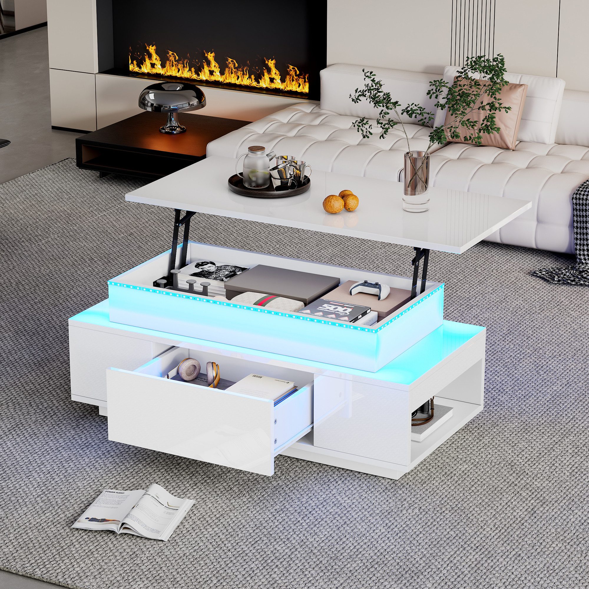 Merax Couchtisch höhenverstellbar Sofatisch Beistelltisch mit LED-Beleuchtung (1-St., Kaffeetisch 96x45x40cm), Lift-Top Wohnzimmertisch mit Schublade,Stauraum & Hochglanz-Oberfläche