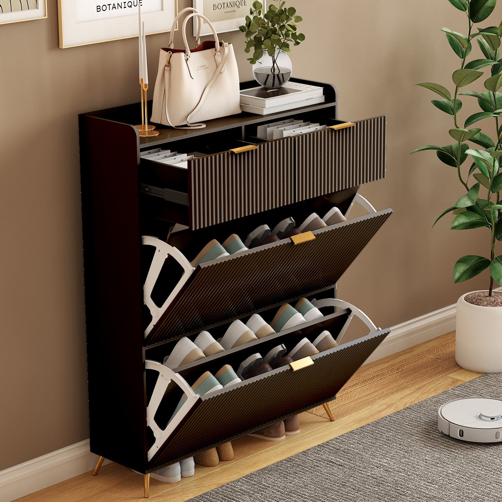 FUROKOY Schuhschrank Schuhkipper,Schuhregal schmal mit Metallfüßen für Wohnzimmer, (Set, 1-St) mit 2 Klappen, schmaler, 4 Fächer, 2,Schubladen ,80x24x110cm,Schwarz