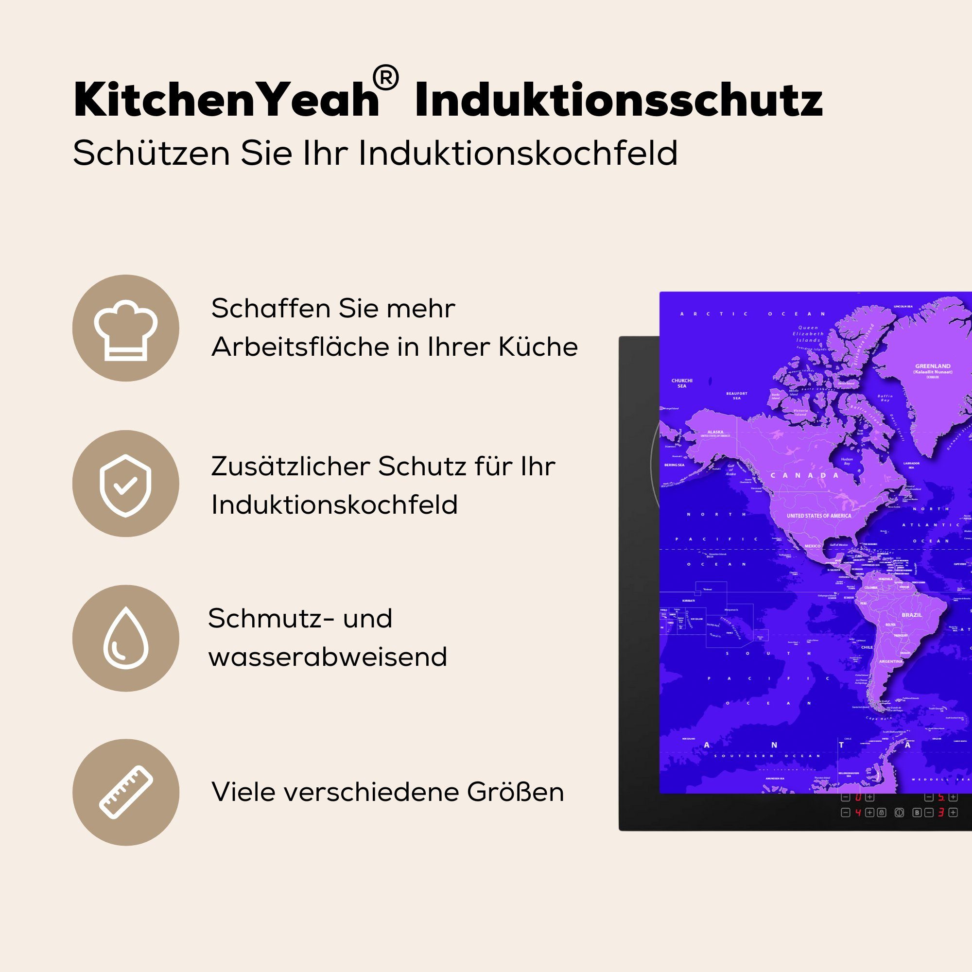 die Violett, küche, cm, Stabil Induktionskochfeld Weltkarte tlg), - Herdblende-/Abdeckplatte für (1 Vinyl, MuchoWow 81x52 Ceranfeldabdeckung Schutz -