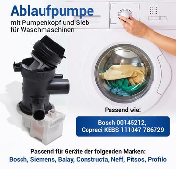 VIOKS Elektropumpe Ablaufpumpe Ersatz für Bosch 00145212, Copreci 30 Watt mit Pumpenkopf und Sieb für Waschmaschine