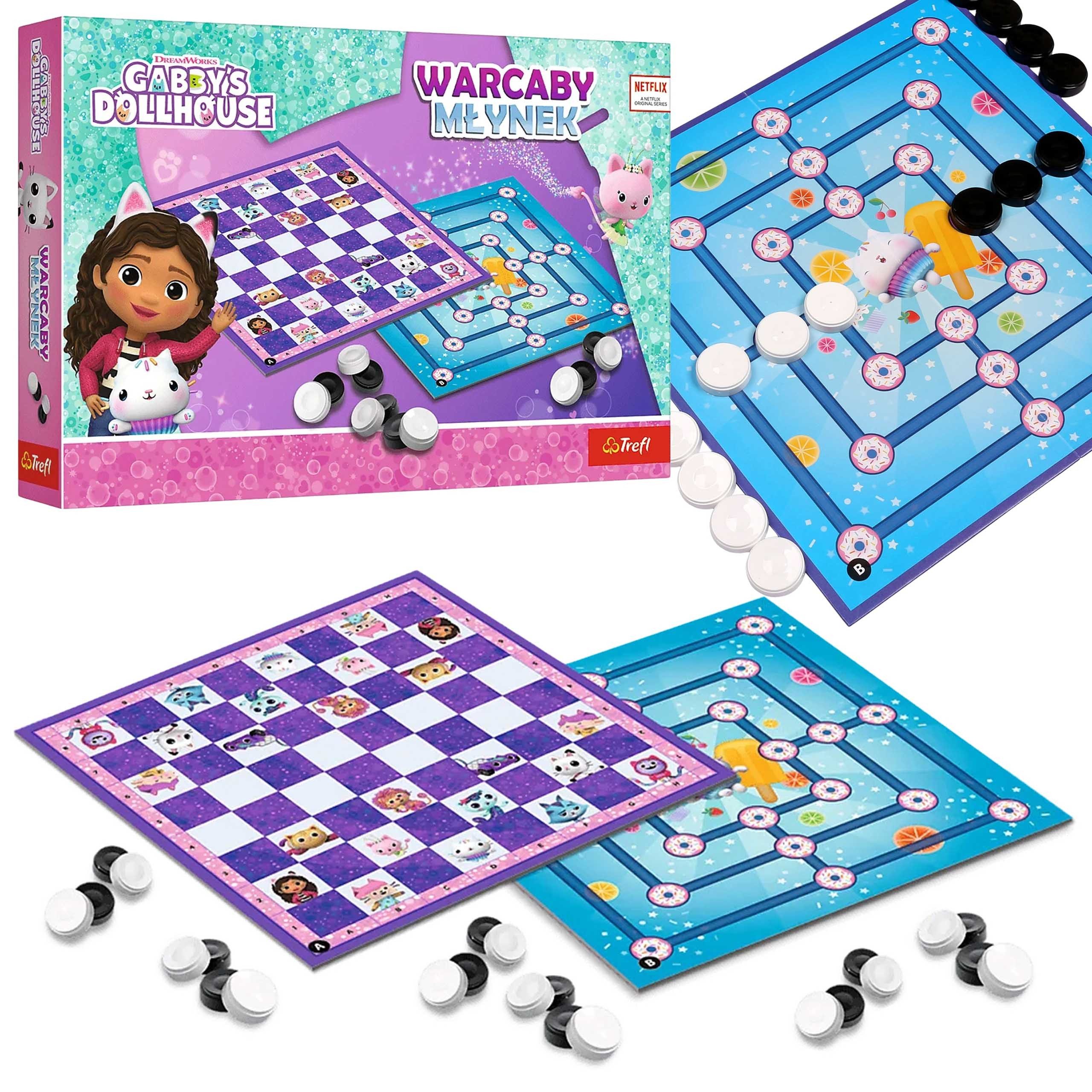 Gabby's Dollhouse Spielesammlung Gabby's Dollhouse Dame und Mühle, 2in1 Kinder Familienspie Trefl 6+