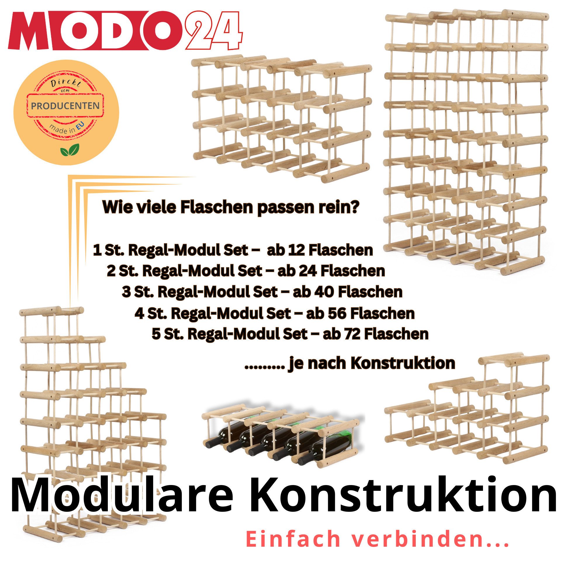 Modo24 Flaschenregal RW7 Eiche Nadelholz Massivholz Für 12 bis 76 Flaschen günstig online kaufen