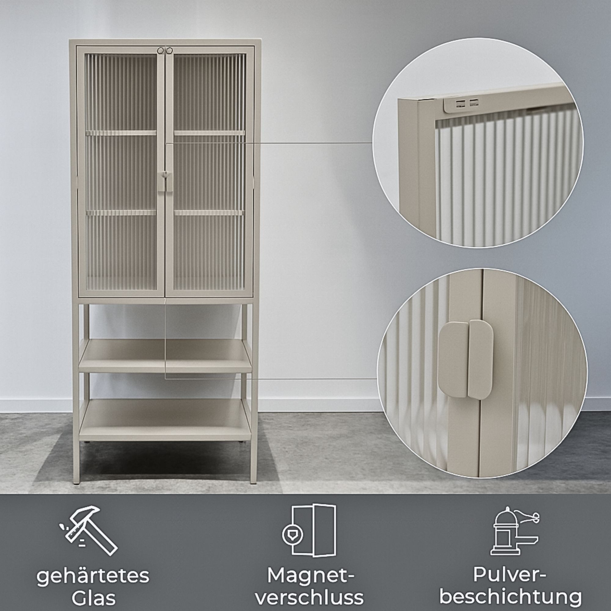 osoltus Sideboard osoltus Vitrine Schrank Riffelglas Stahl Warm Grey Industrial 60 x 35 – Bild 5 von 5