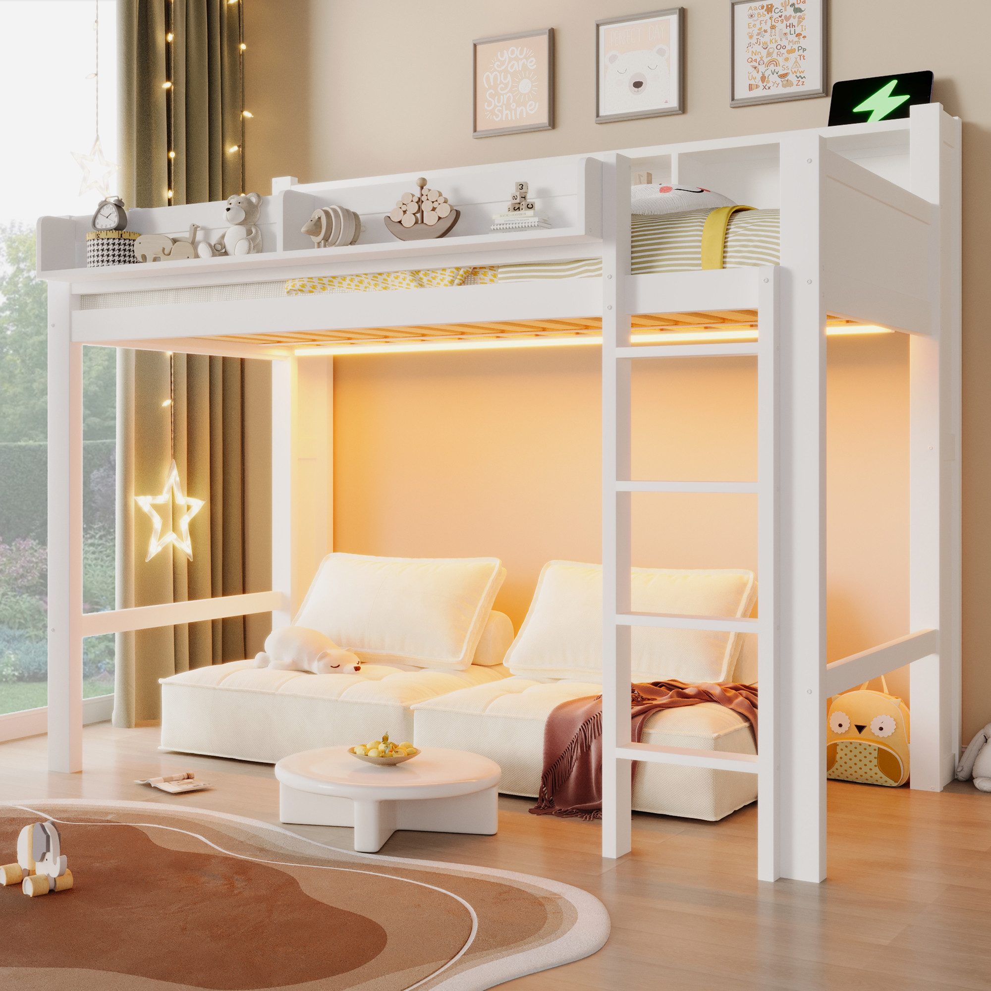 Flieks Hochbett Kinderbett 90x200cm mit Ablagefächern, LED-Beleuchtung und Aufladen