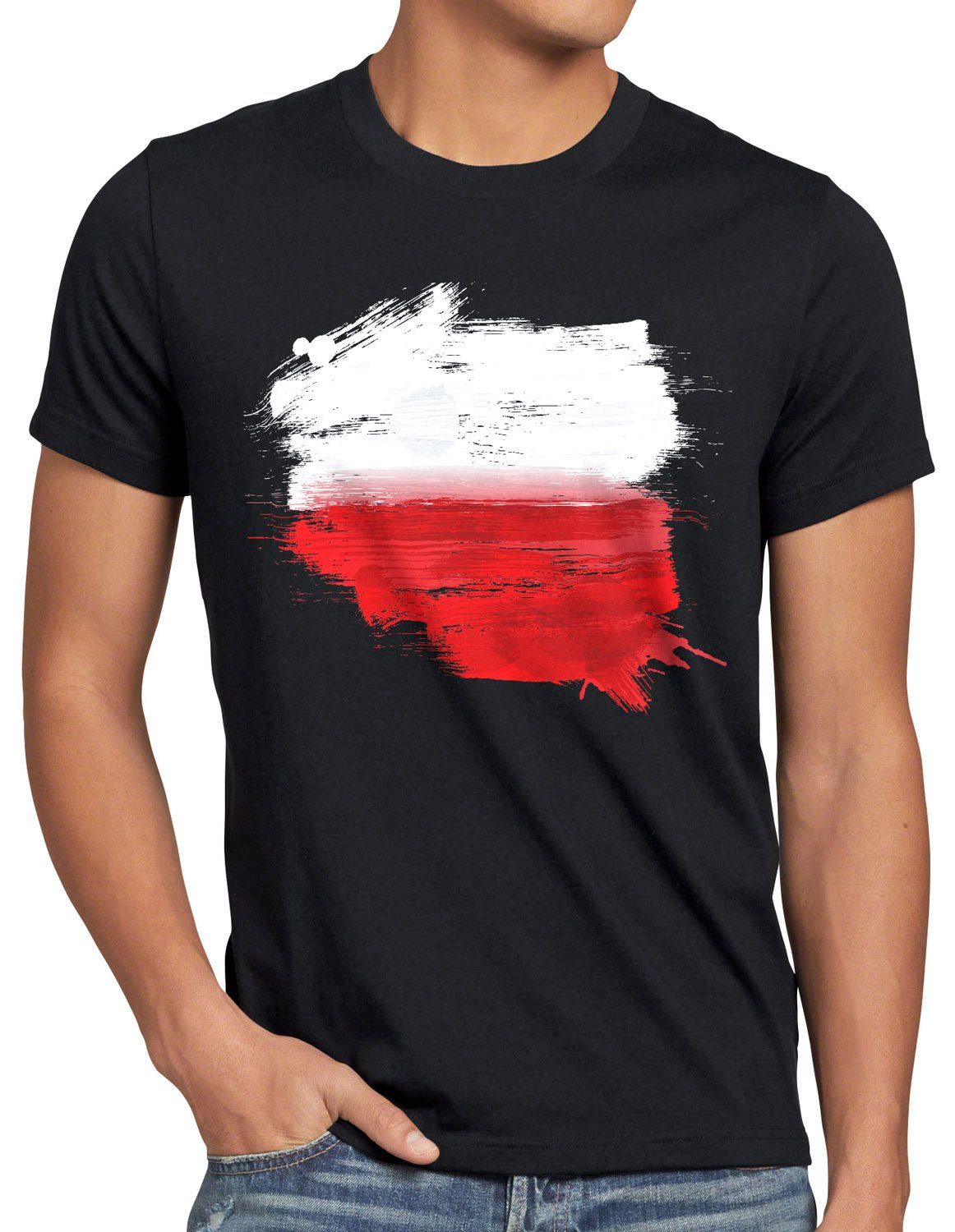Print-Shirt Herren EM Fahne Polen Fußball schwarz style3 Flagge Polska Sport WM T-Shirt