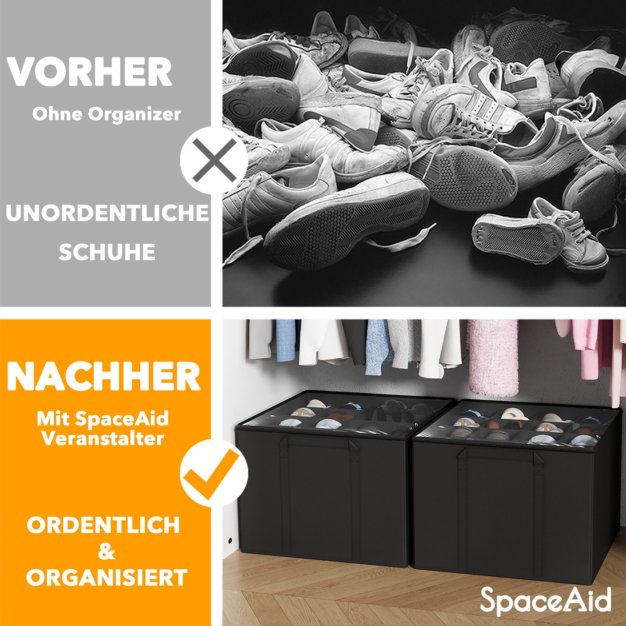 SpaceAid Schuhbox faltbare Schuh-Organizer (Körbe, Boxen mit verstellbaren Trennwänden, 2 St), Schuh-Organizer für 16–32 Paar