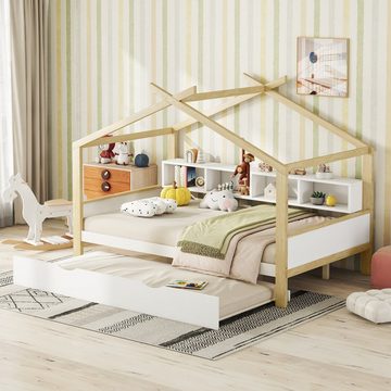 Ulife Kinderbett Hausbett, ausgestattet mit Ausziehbett,140*200 cm, Einzigartiges Loft-Design, vier Staufächern