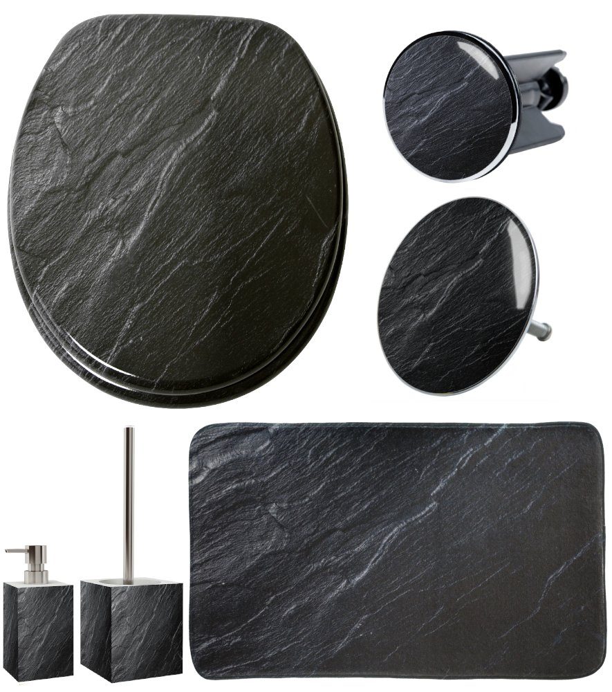 Sanilo Badaccessoire-Set 6-teilig Granit, WC-Sitz mit Absenkautomatik, Badteppich 70 x 110 cm, Waschbeckenstöpsel, Badewannenstöpsel, Seifenspender, WC-Bürste, 6 tlg., hochwertig & modern, universell, leichte Montage