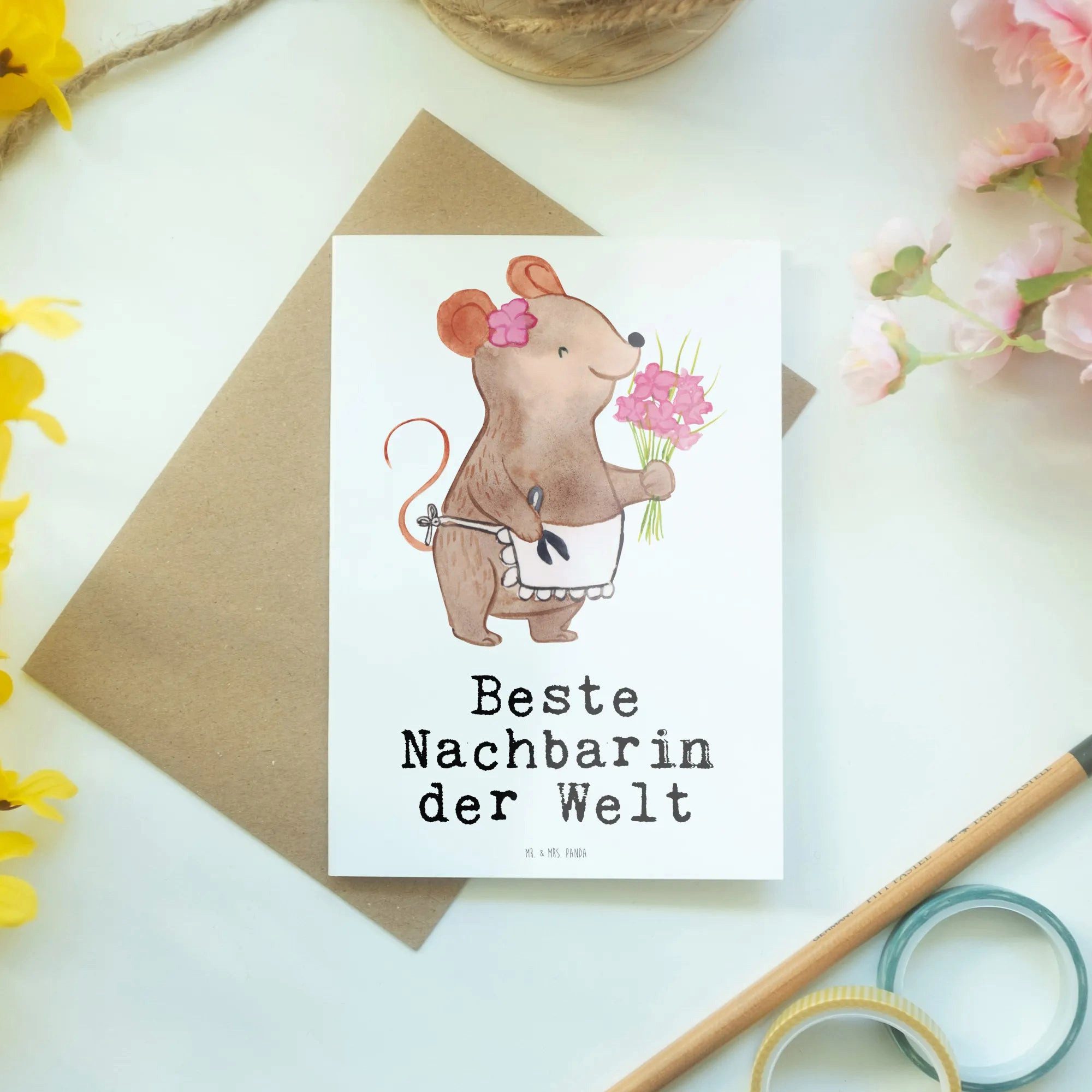 Thumbnail - Mr. & Mrs. Panda Grußkarte Maus Beste Nachbarin der Welt - Weiß - Geschenk, Glückwunschkarte, Fr, Handgefertigt