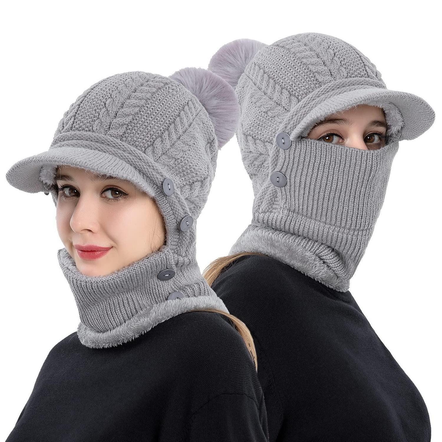 Strickmütze Mütze Schal Damen Herren Strick Halswärmer Haarball Winter Grau