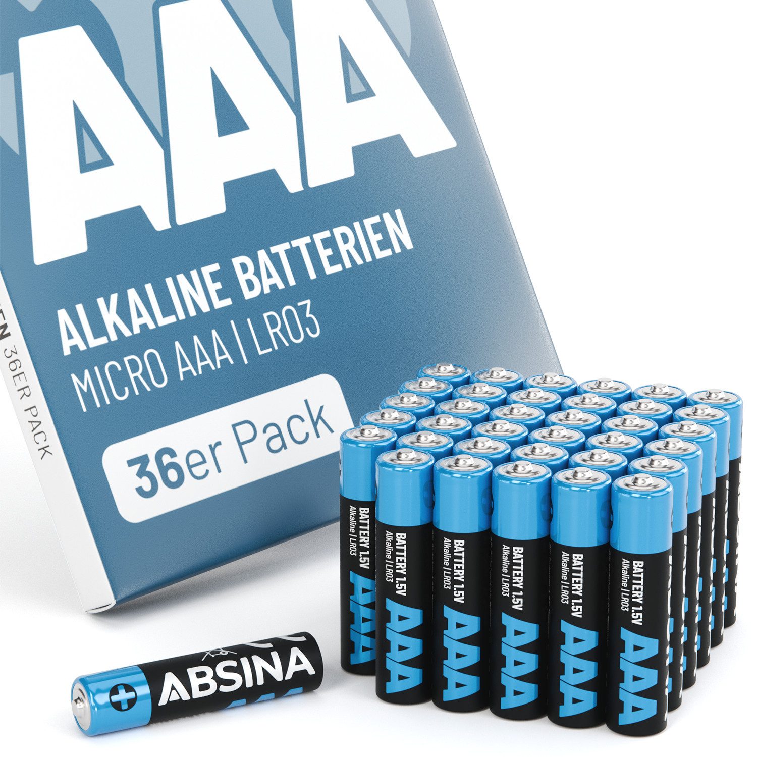 ABSINA 36x Batterien AAA Großpackung 1,5V Alkaline - langlebig, Micro LR03 Batterie, (1 St)